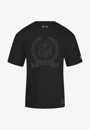 Black T-shirt with short sleeves, featuring a large, tonal NFL logo in the center, surrounded by a laurel design and banner text.