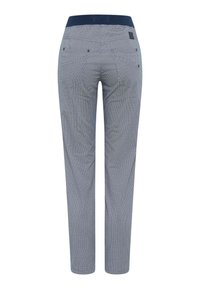 Gestreifte Hose aus gewebtem Stoff mit einem marineblauen Bund, schlankem Schnitt und zwei Gesäßtaschen mit kleinen Stickdetails.
