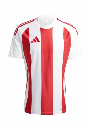 Rood-wit gestreepte Adidas voetbalshirt, met korte mouwen, voorzien van een mesh textuur, rond de hals en drie rode strepen op elke schouder.