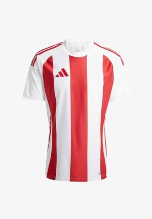 Camiseta de fútbol Adidas a rayas rojas y blancas, de manga corta, con textura de malla, cuello redondo y tres rayas rojas en cada hombro.