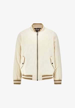 Kvaliteetne õhuke bomber-jakk heledas valges värvitoonis, ribidega varrukate ja äärega. Jakk sisaldab keskmist lukku, külgmisi näpitsakotte ja peent horisontaalset õmblust.