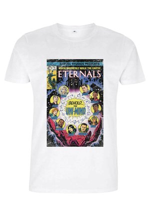 Biała bawełniana koszulka z grafiką komiksową przedstawiającą "Eternals", kolorowe postacie oraz napis "Oto... Uni-Mind". Żywy design.