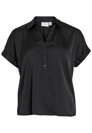 Svart kortermet bluse med oppbrettede mansjetter, V-hals og tre knapper foran, laget av glatt, lett blankt stoff.