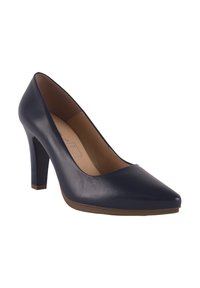 Zapatos de tacón alto de cuero azul marino con punta afilada, que presentan una textura suave, una silueta modestamente curva y un tacón ancho y resistente.