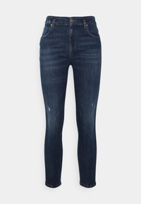 Mörkblå smala jeans i denim. Har en knapp- och dragkedja, fem fickor och subtila slitningar på låren.