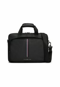 Borsa per laptop nera realizzata in un materiale liscio e durevole. Presenta una tasca anteriore con zip e un dettaglio a righe, oltre a una tracolla removibile.