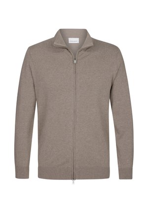 Beige zip-up sweater with a high collar, ribbed cuffs, and hem, made from soft knit fabric. Features a clean, minimalistic design.