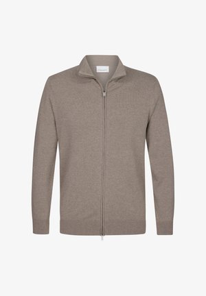 Maglione zip-up beige con colletto alto, polsini e orlo a coste, realizzato in morbido tessuto a maglia. Presenta un design pulito e minimalista.
