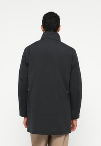 Μαύρο, κουμπωτό παλτό με ψηλό γιακά και μακριά μανίκια, με ομαλή υφή και ίσια γραμμή, θέα από πίσω.