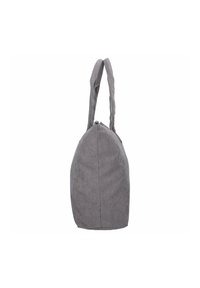 Grijze corduroy tote bag met dubbele handvatten, zijaanzicht op een witte achtergrond.