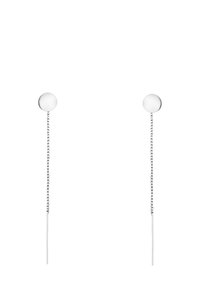 Vita trådade öronproppar med runda plastöverdrag, med spiralformade sladdar och en slät yta. Enkel design utan ytterligare detaljer.