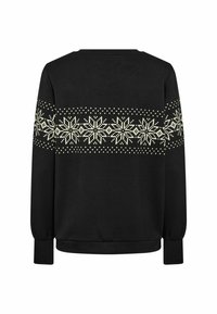 Zwarte sweatshirt met een brede witte sneeuwvlokpatroon over de borst, lange mouwen met elastische manchetten en een klassieke ronde hals.