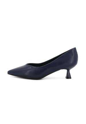 Pumps in pelle blu navy con punta appuntita e tacco basso. Texture liscia con una leggera lucidità e design minimalista.