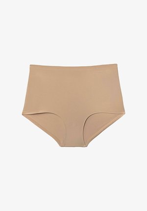 Beige high-waisted panties made from a smooth, stretchy fabric. Features soft edges and no visible seams for a seamless look.