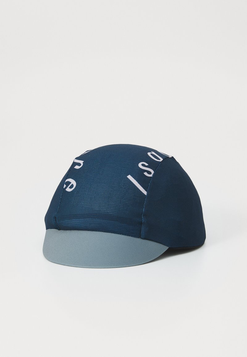 Cycling cap in dark blue fabric with white text. Features a curved gray brim and textured body for breathability.