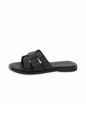 Black flat slide sandal with three wide overlapping straps and a smooth sole, designed for casual wear.