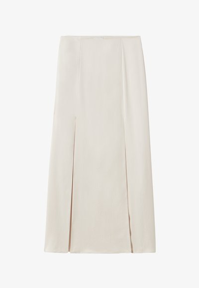 Jupe midi beige clair, en tissu lisse. Présente deux fentes sur le devant, une taille haute et un design minimaliste sans matériel visible.