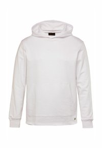 Weißer Hoodie aus weichem Stoff mit einer großen Fronttasche, Kapuze mit Kordelzug und gerippten Bündchen. Einfaches, minimalistisches Design.
