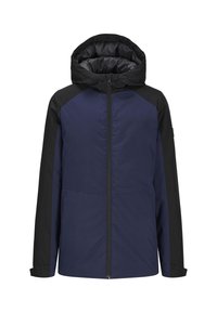 Navy and black zip-up jacket with a hood, featuring a sleek design, textured fabric, and contrasting color panels on sleeves and sides.