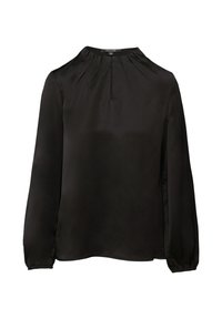 Schwarze Seidenbluse mit langen Ärmeln, plissiertem Ausschnitt und gerafften Manschetten. Glatte Textur und minimalistisches Design ohne zusätzliche Verzierungen.