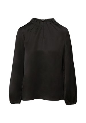 Zwarte zijden blouse met lange mouwen, geplooide halslijn en gathered manchetten. Gladde textuur en minimalistisch ontwerp zonder extra versieringen.