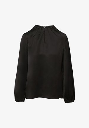 Czarna jedwabna bluzka z długimi rękawami, plisowanym dekoltem i ściągniętymi mankietami. Gładka tekstura i minimalistyczny design bez dodatkowych ozdób.