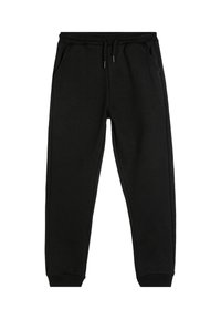 Pantalones jogger negros con cintura elástica y cordón, bolsillos laterales y puños acanalados.