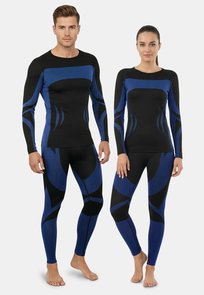Black and blue athletic wear featuring long sleeves and fitted design, with textured fabric and a geometric pattern across the torso and legs.