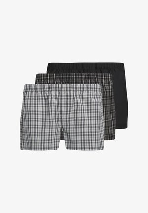 Trois paires de shorts pour hommes : un à carreaux gris et noir, un à motifs checkered gris foncé, et un noir uni ; taille élastique, tissu léger.
