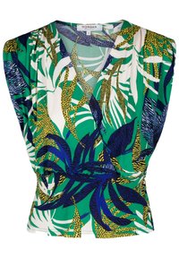 Blusa verde con un escote en V profundo, mangas cortas, que presenta un atrevido estampado tropical de patrones de animales en azul, amarillo y negro sobre un fondo blanco.
