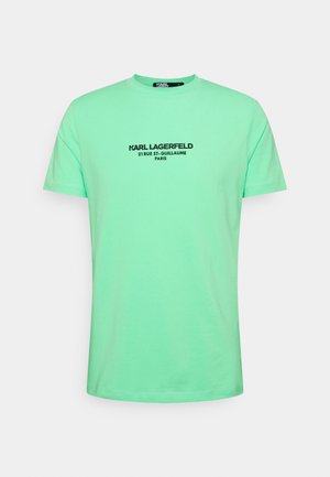 Mintgroen katoenen T-shirt met een ronde hals, korte mouwen en zwarte tekst: "KARL LAGERFELD 21 RUE ST-GUILLAUME PARIS."
