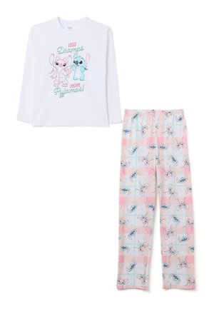 Langärmliges weißes Schlafoberteil mit grafischem Druck, kombiniert mit rosa und blauen gemusterten Hosen, die Cartoonfiguren auf einem karierten Hintergrund zeigen.