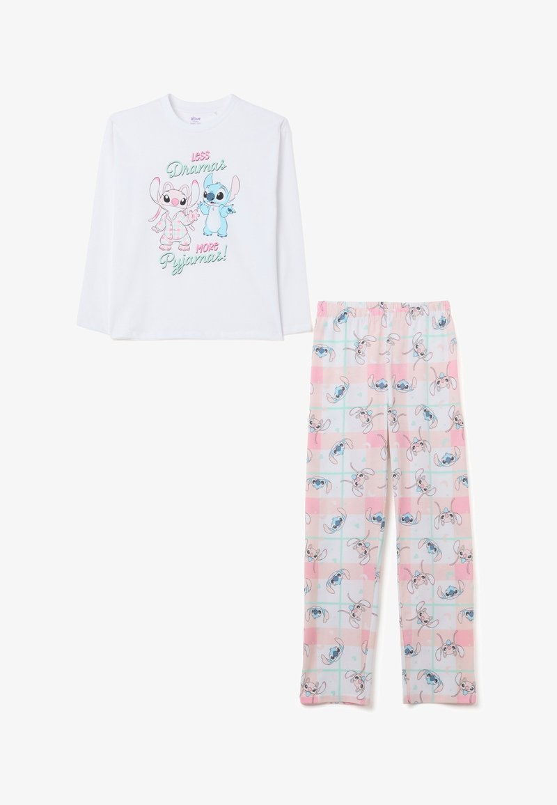 Maglione da pigiama bianco a maniche lunghe con stampa grafica, abbinato a pantaloni a fantasia rosa e blu con personaggi dei cartoni su uno sfondo a scacchi.