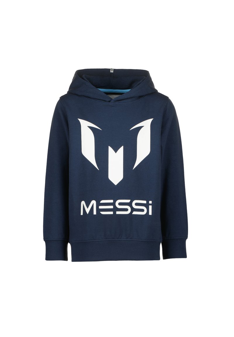 Tamsiai mėlynas gobtuvų džemperis, pagamintas iš audinio, su baltu logotipu ir užrašu "MESSi" priekyje. Lygus paviršius, įsiūtos lanksčios rankogaliai.