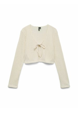 Cárdigan de punto color crema, de manga larga, con apertura frontal anudada en un lazo, con largo corto y patrón texturizado sutil.