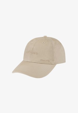 Beige Baumwoll-Baseballkappe mit geschwungenem Schirm, genähten Lüftungslöchern und dezent besticktem Text auf den Vorderpanelen.