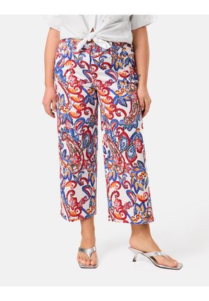 Cotton cropped pants with a multicolored paisley pattern in red, blue, and yellow. Features a relaxed fit and elastic waistband.