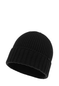 Berretto di lana nera a maglia con texture a coste, caratterizzato da un orlo ripiegato e un piccolo etichetta del marchio sul lato. Design semplice e senza cuciture.