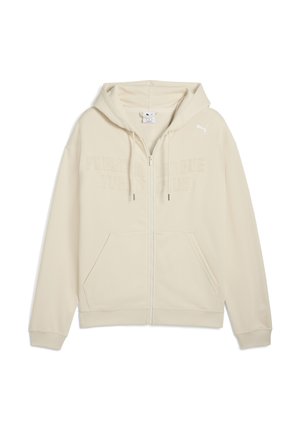 Lys beige zip-up hættetrøje med hætte, frontlommer og præget "Porsche League Turbo Club" tekst på brystet.
