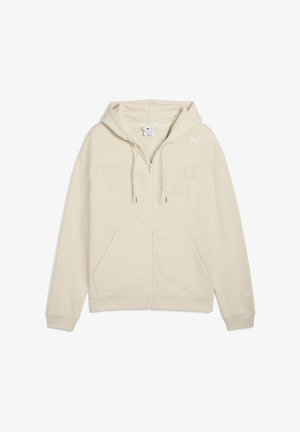 Licht beige zip-up hoodie met een capuchon, voorzakken en reliëftekst "Porsche League Turbo Club" op de borst.