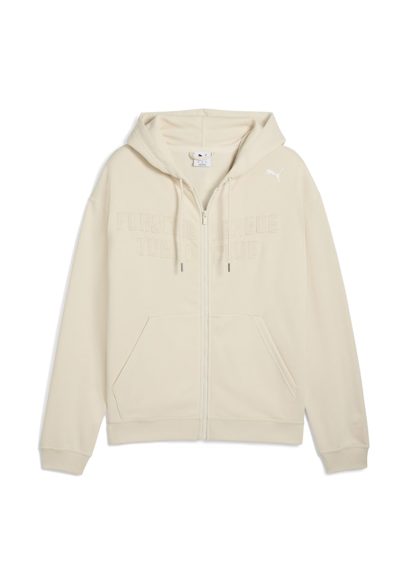 Lys beige zip-up hættetrøje med hætte, frontlommer og præget "Porsche League Turbo Club" tekst på brystet.