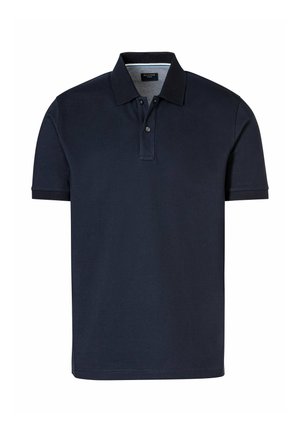 Navy blue short-sleeve polo shirt made from cotton, featuring a two-button placket, ribbed collar and cuffs, and a clean hemline.