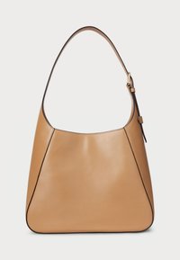 Ohu tan leather shoulder bag with a smooth texture, curved design, and contrasting dark edges. Features an adjustable strap and a top zip closure.