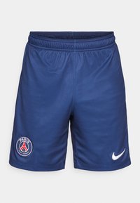 Marinblå sportshorts i ventilationsbart nätmaterial. Har en elastisk midja, Paris Saint-Germain-logotyp och vit Nike-swoosh.