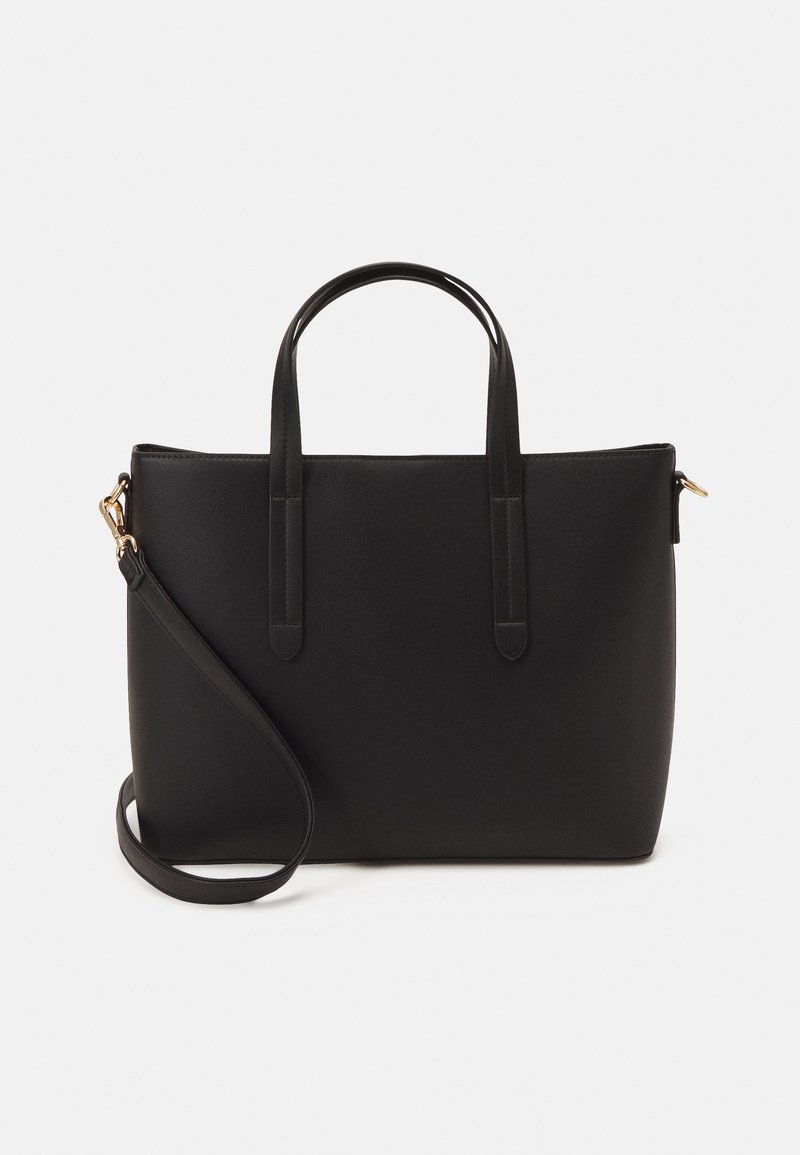 Sac à main rectangulaire noir avec deux poignées supérieures et une longue bandoulière détachable avec des fermoirs dorés.