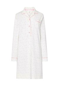 Camisón blanco de manga larga con ribete rosa y un patrón de lunares en varios colores. Botones en la parte delantera y un único bolsillo en el pecho.