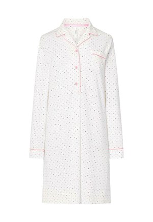 Camisón blanco de manga larga con ribete rosa y un patrón de lunares en varios colores. Botones en la parte delantera y un único bolsillo en el pecho.