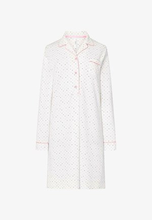 Camisón blanco de manga larga con ribete rosa y un patrón de lunares en varios colores. Botones en la parte delantera y un único bolsillo en el pecho.