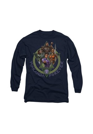 Marineblaues Langarm-T-Shirt mit einem Druckdesign von Charakteren aus Black Panther, mit geometrischen Formen und dem Text "Wakanda für immer."