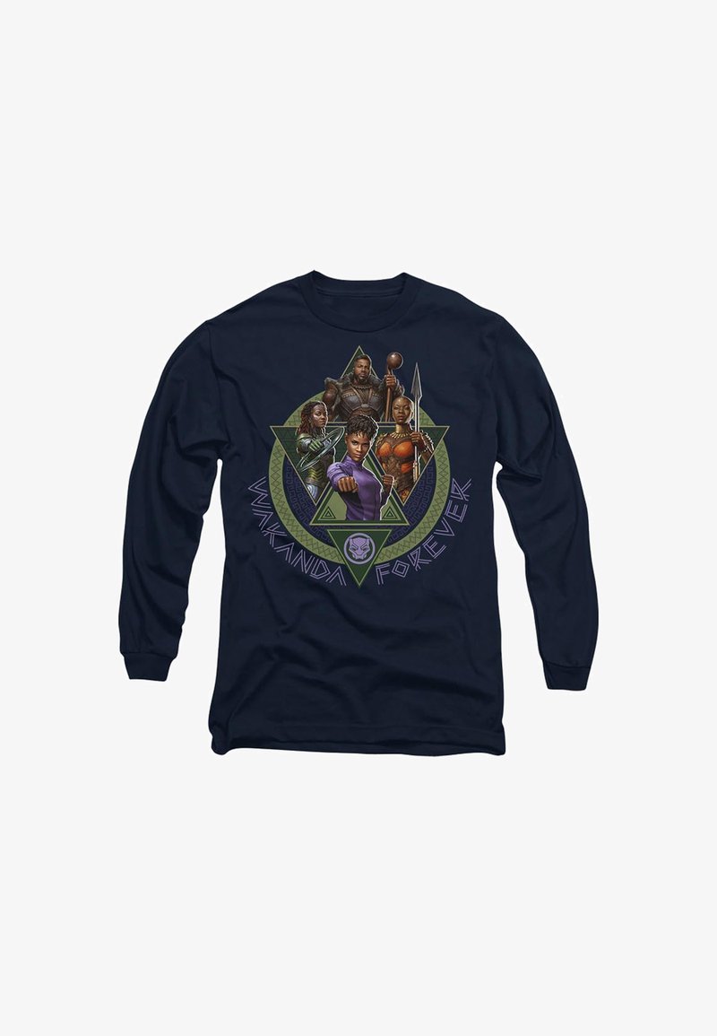 Marineblaues Langarm-T-Shirt mit einem Druckdesign von Charakteren aus Black Panther, mit geometrischen Formen und dem Text "Wakanda für immer."